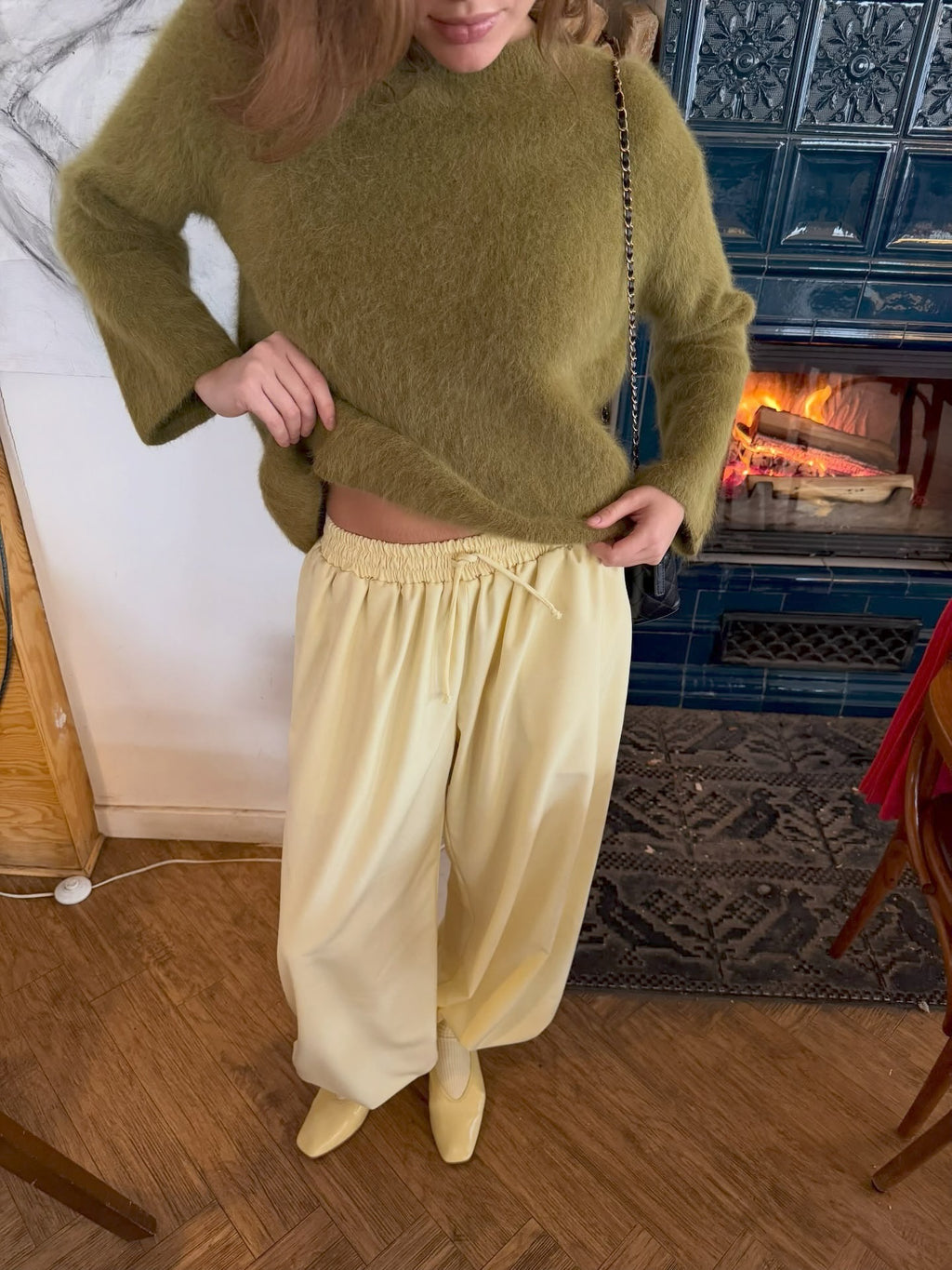 Relaxed Fuzzy Crew Neck Sweater in Olive — front view on model or garment