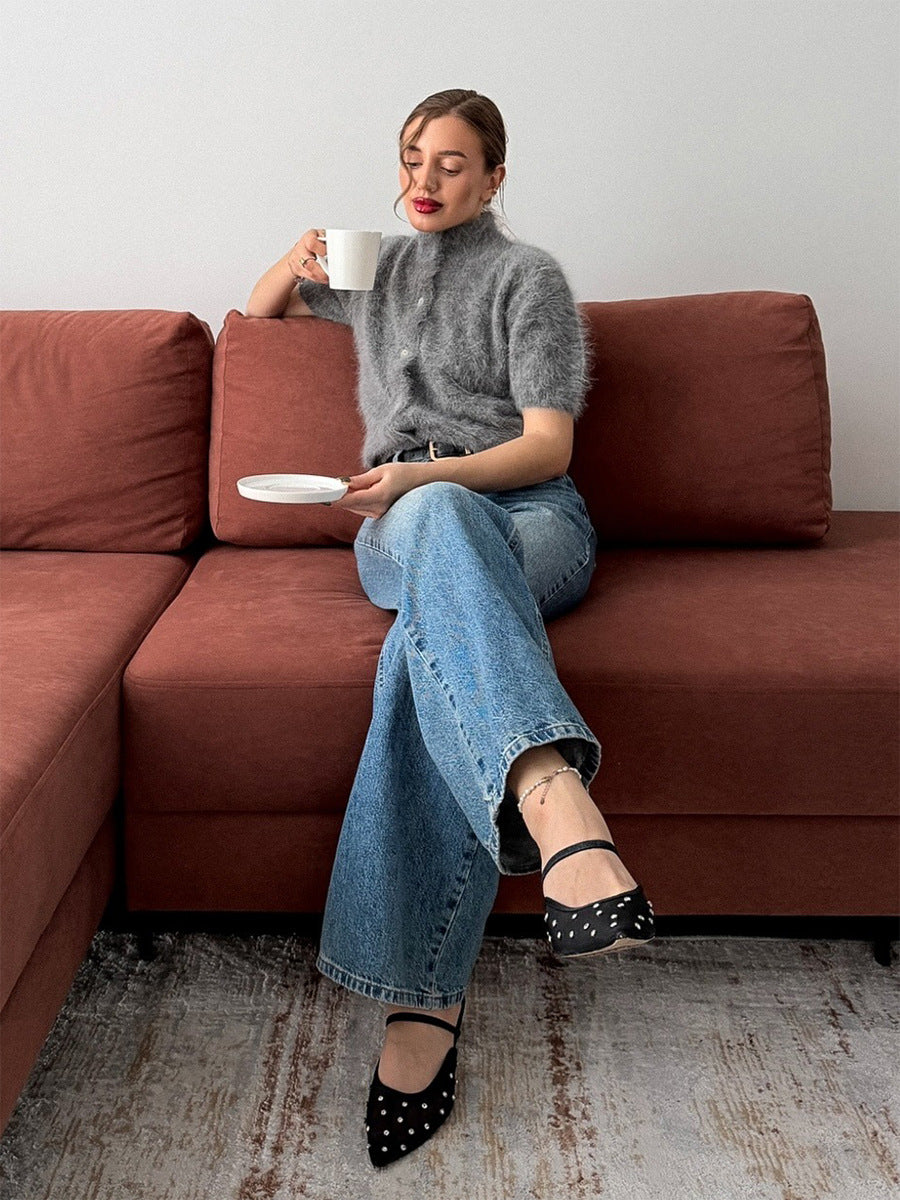 Fuzzy Knit Short Sleeve Cardigan with Mock Neck in Heather Gray — full-length view on model