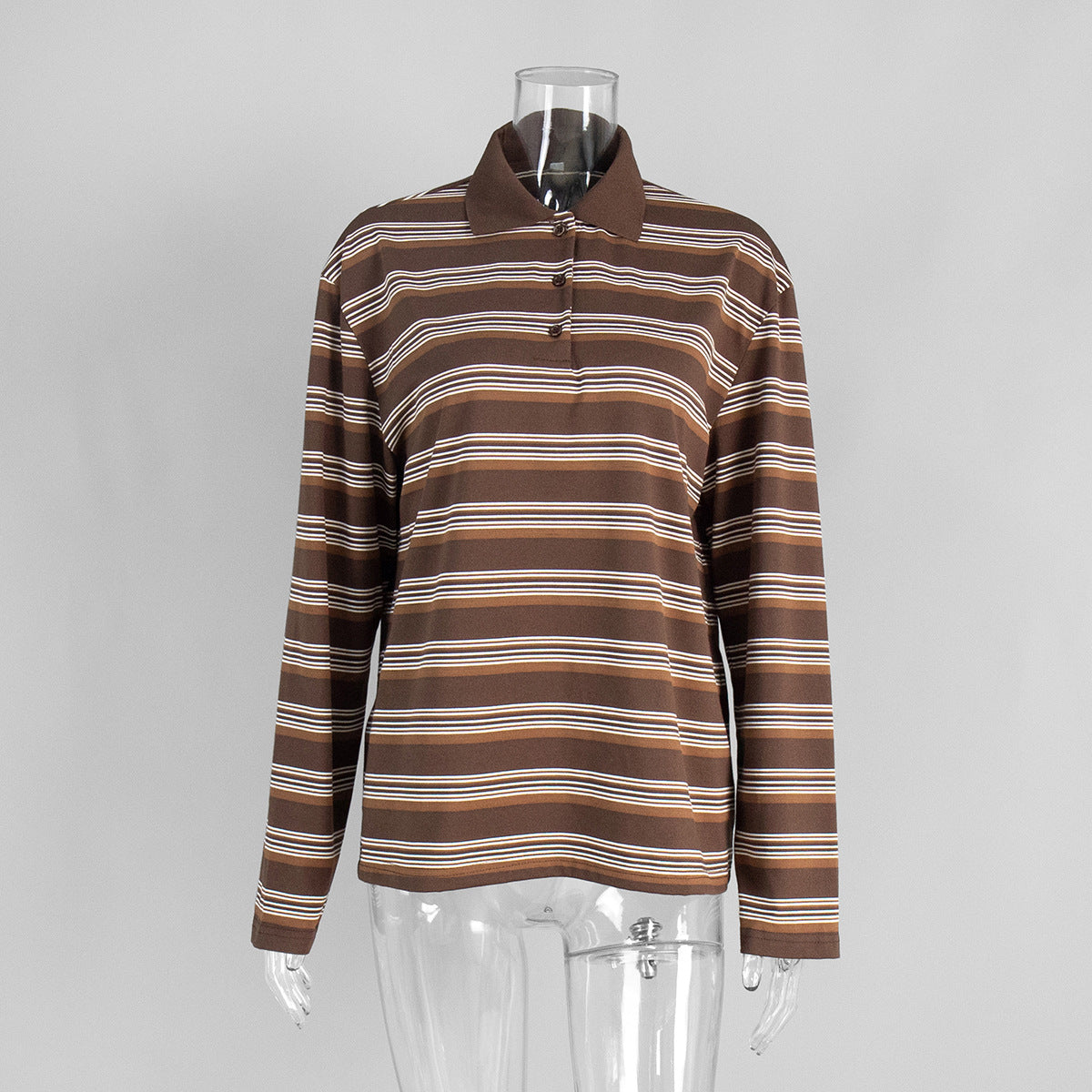 Relaxed Striped Long Sleeve Polo Shirt in Brown Stripe — front view
