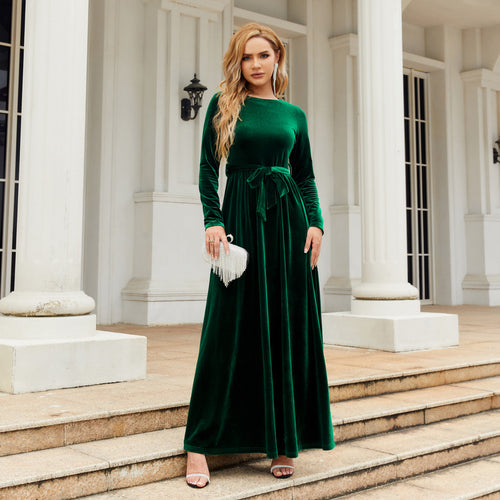 Long-Sleeve Velvet Maxi Dress with Tie Waist in Emerald — full-length front view on model