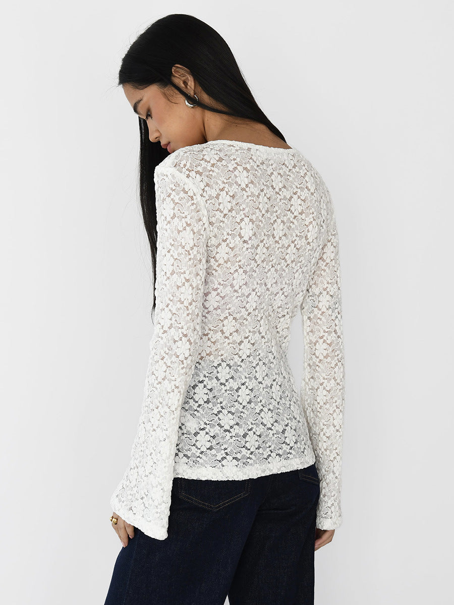 Floral Lace V-Neck Button-Front Top in Ivory — back view on model