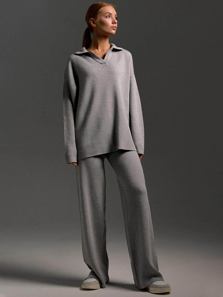 Polo Collar Knit Sweater & Wide-Leg Pants Set in Heather Gray — set worn on model, full length