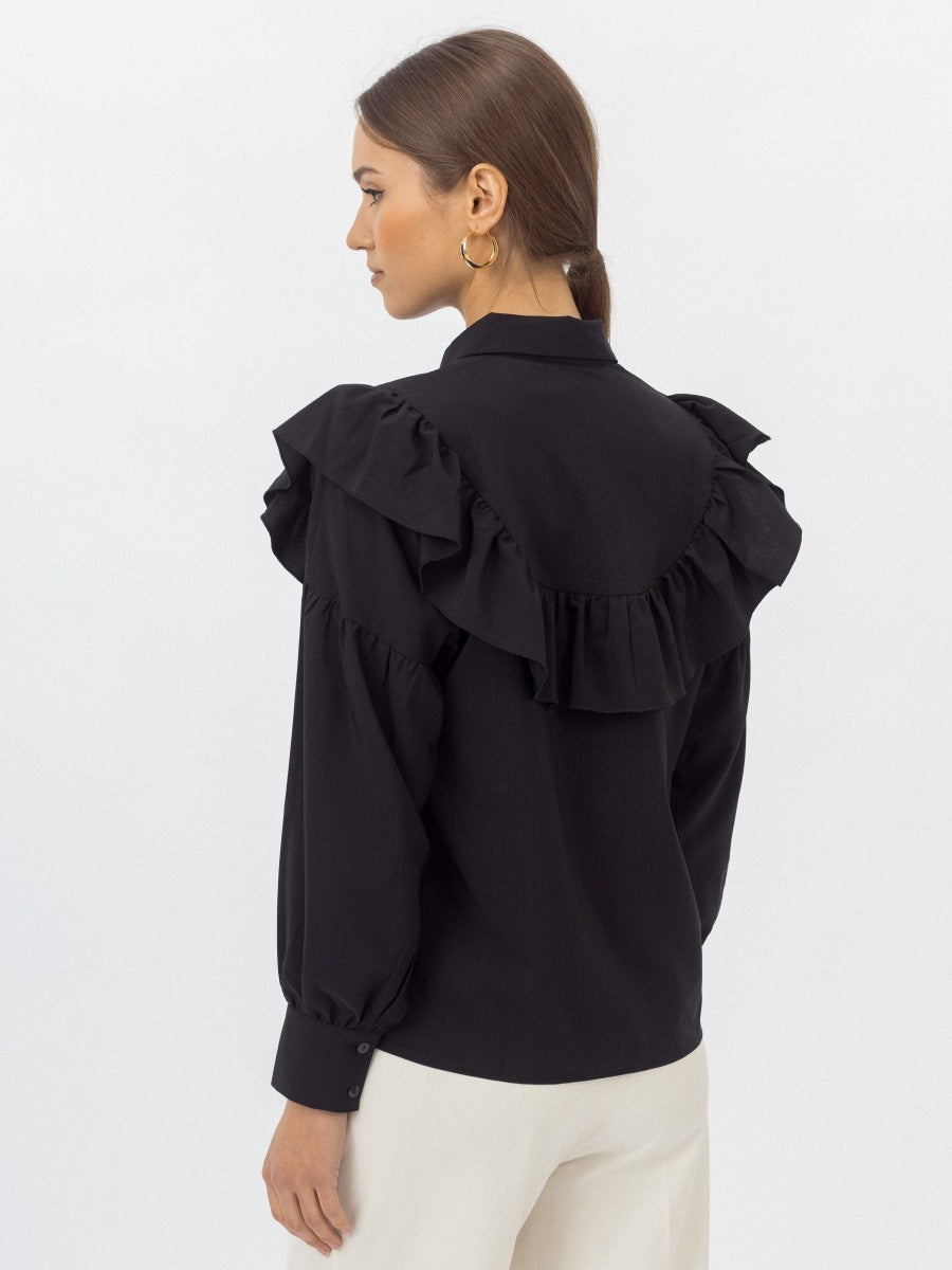 Cotton Ruffle Collar Button-Down Blouse in Black — back view showing the ruffle across the yoke