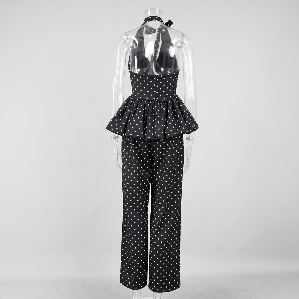 Polka Dot Halter Peplum & Wide-Leg Set in Black Dot — back view on mannequin