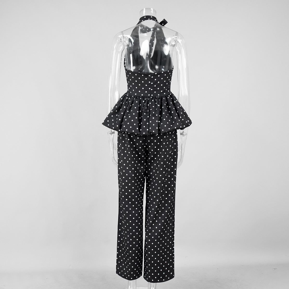 Polka Dot Halter Peplum & Wide-Leg Set in Black Dot — back view on mannequin