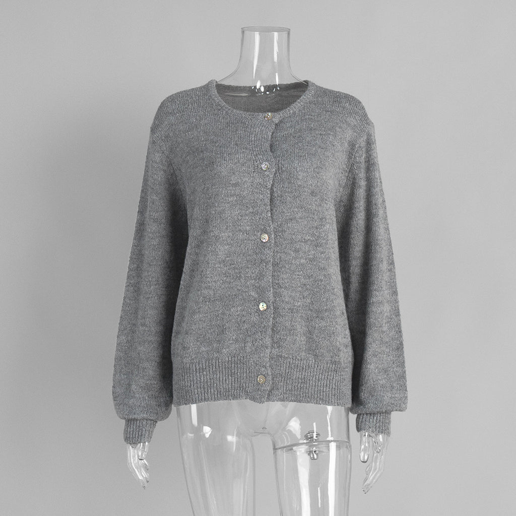 Soft Fuzzy Crew Neck Button Cardigan in Heather Gray — front view