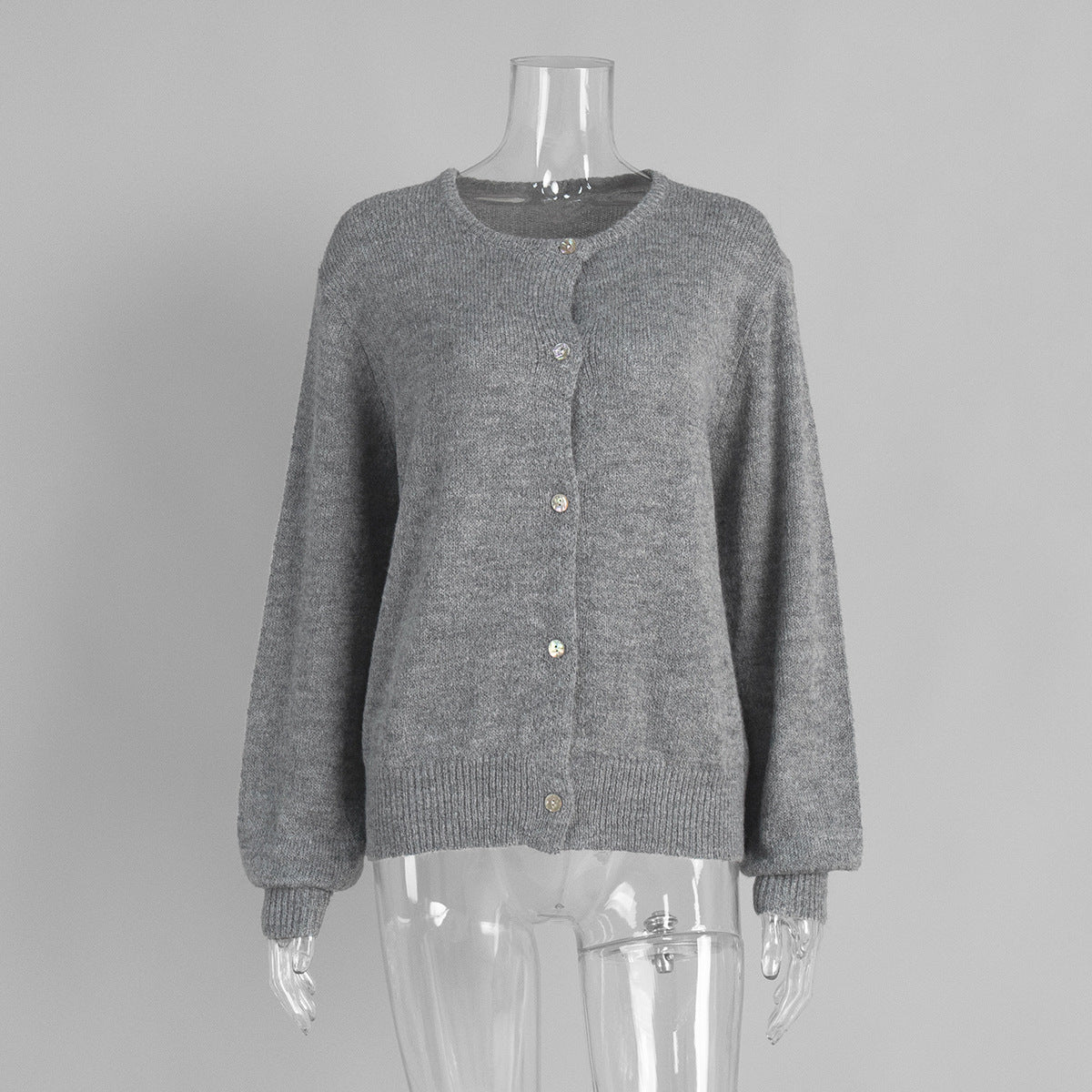 Soft Fuzzy Crew Neck Button Cardigan in Heather Gray — front view