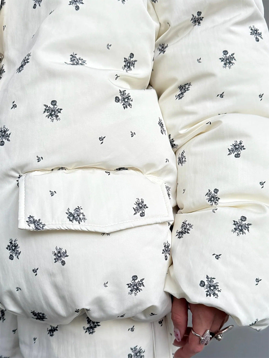 Floral Print Hooded Puffer Jacket & Drawstring Puffer Pants in Ivory Floral — close-up of flap pocket and floral print