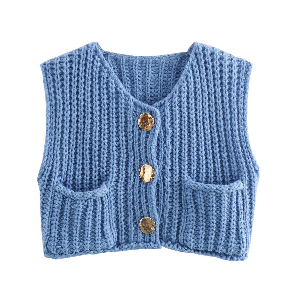 Gold-Button Chunky Knit Vest in Blue — flat front view