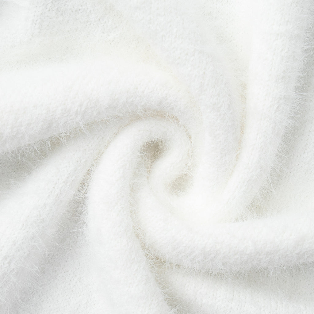Fuzzy Knit Button Cardigan & Maxi Skirt Set in Winter White — fluffy knit texture close-up