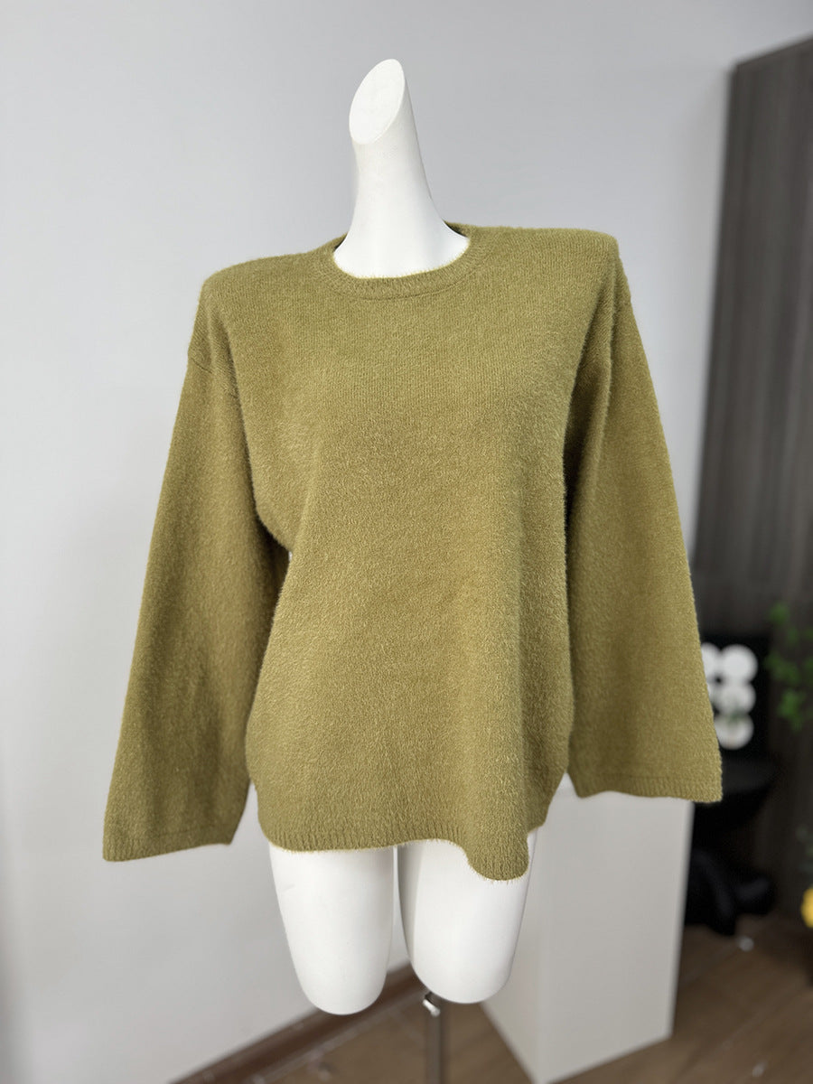 Relaxed Fuzzy Crew Neck Sweater in Olive — front view on mannequin