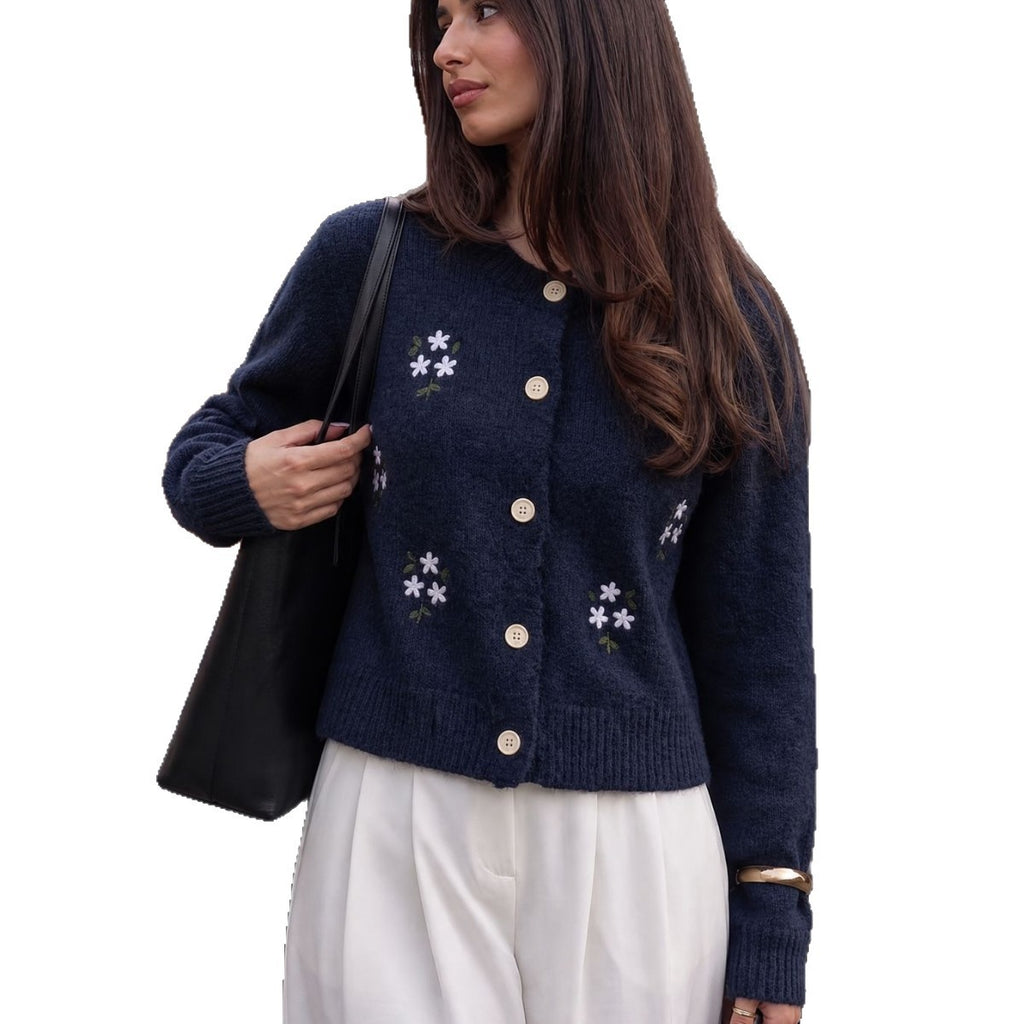 Floral Embroidered Button Cardigan in Navy — on model, cut out