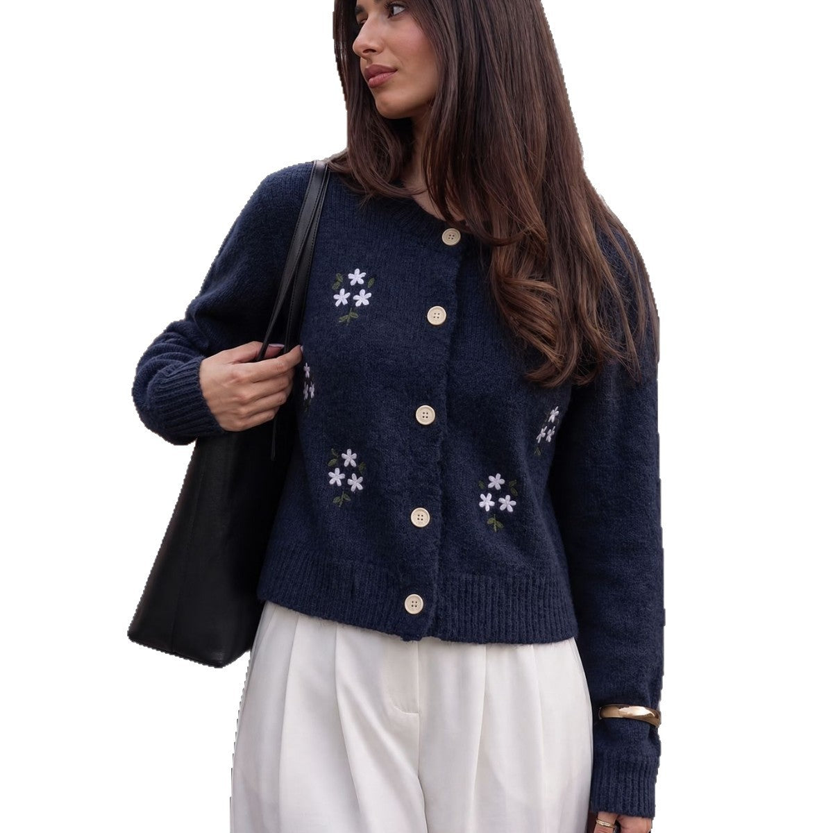 Floral Embroidered Button Cardigan in Navy — on model, cut out