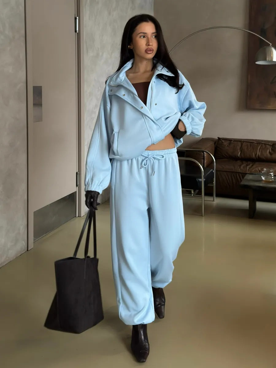 Cotton-Blend Stand-Collar Zip Jacket and Wide-Leg Pants Set in Powder Blue — full-length view on model