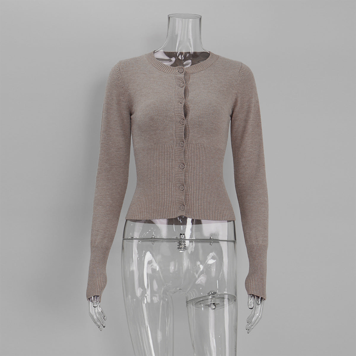 Fitted Cropped Ribbed Knit Cardigan in Mocha — front view