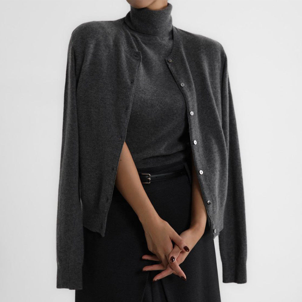 Sleeveless Turtleneck Knit Top & Cardigan Twin Set in Charcoal — set on model