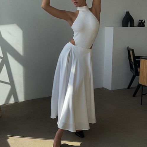 Satin A-Line Midi Skirt with Elastic Waist in Ivory White — on model