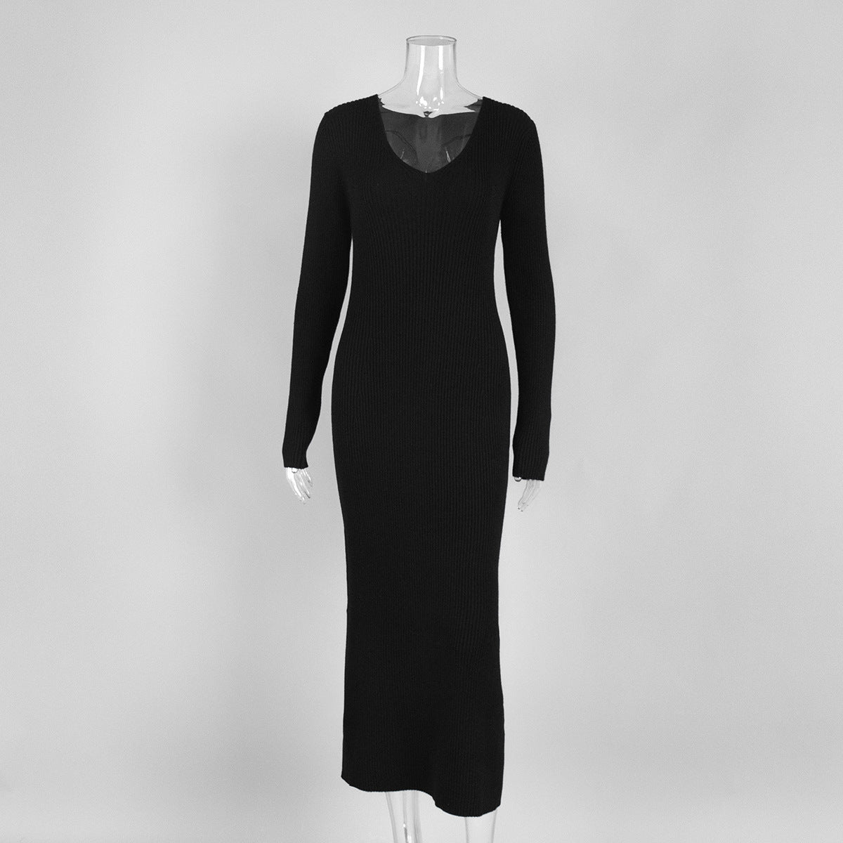 Ribbed Knit V-Neck Long Sleeve Maxi Dress in Black — front view