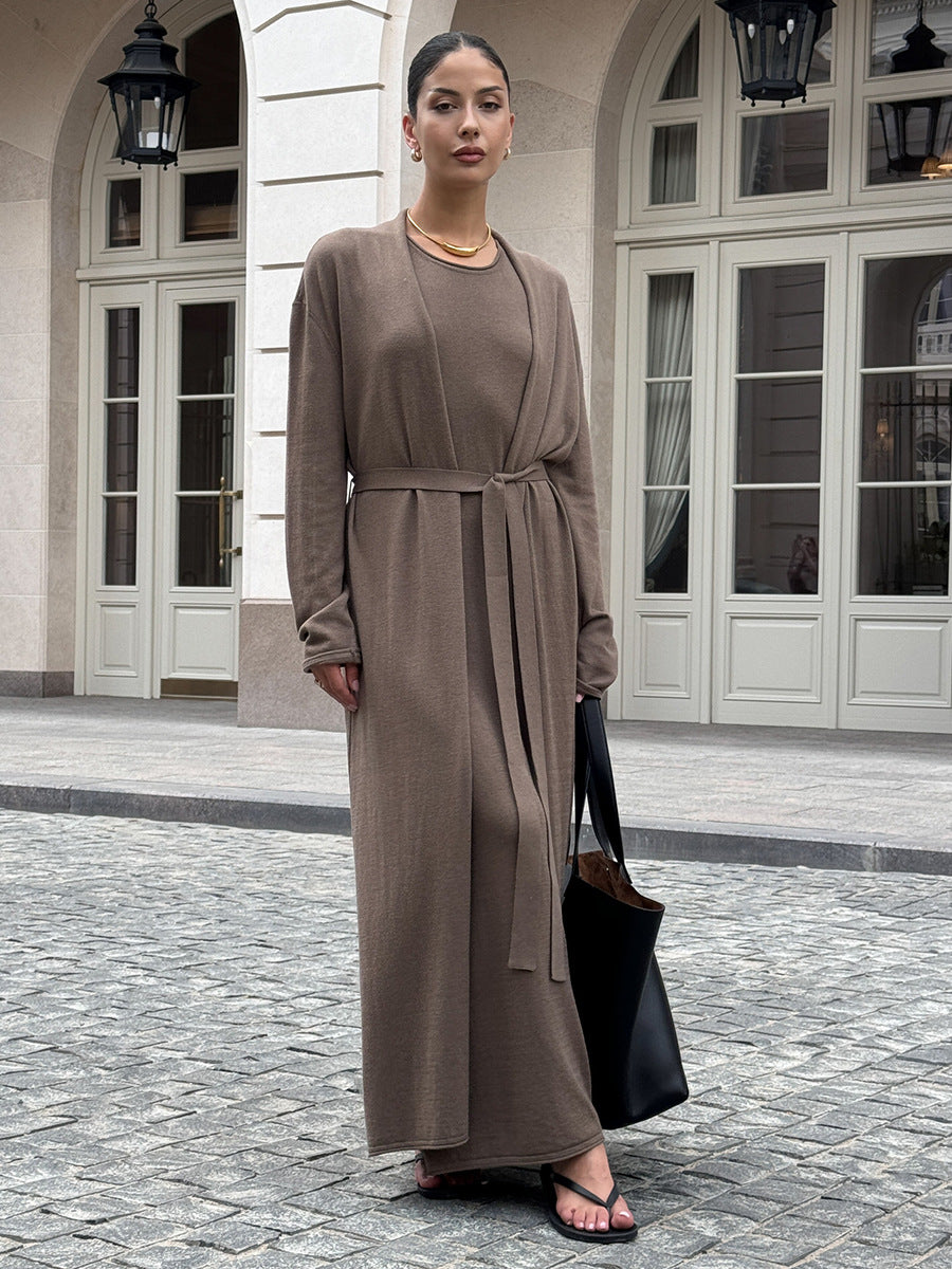 Long Belted Knit Cardigan & Maxi Slip Dress Set in Mocha — set worn with cardigan belted, full length