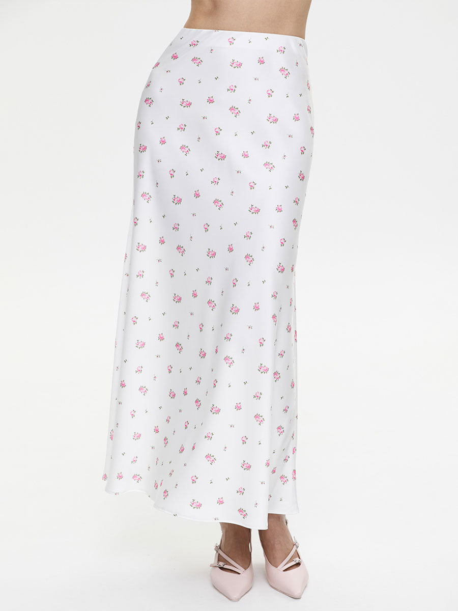 Floral Satin Maxi Skirt in White Floral — front studio view