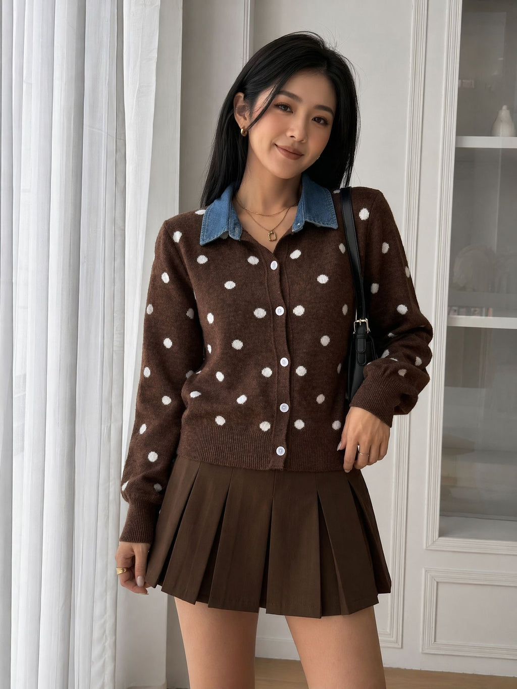 Polka-Dot Cardigan with Denim Collar in Chocolate — on model