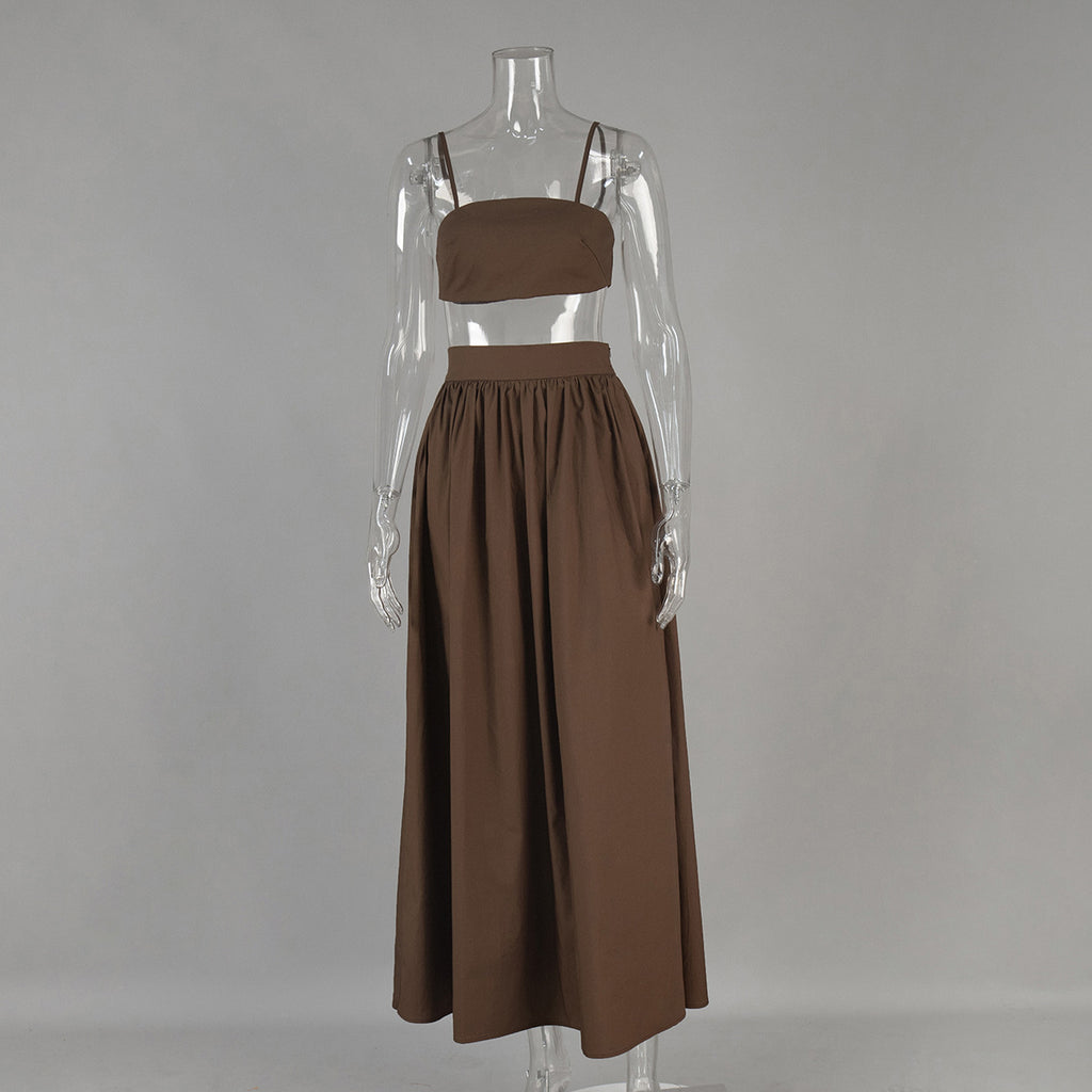 Cotton Crop Camisole & Gathered Maxi Skirt Set in Brown — front view on mannequin