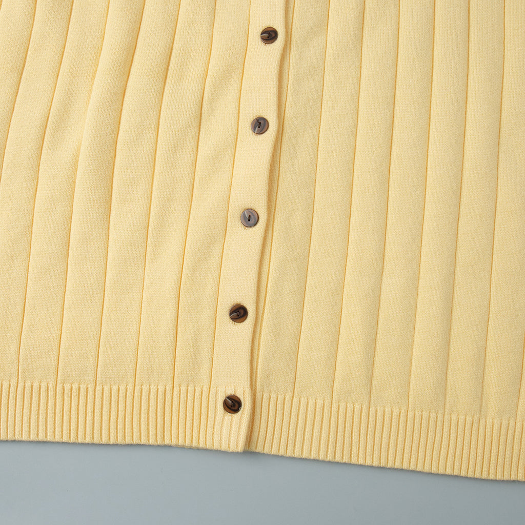 Oversized Wide-Rib Crew Neck Button Cardigan in Butter Yellow — close-up of the buttons and hem