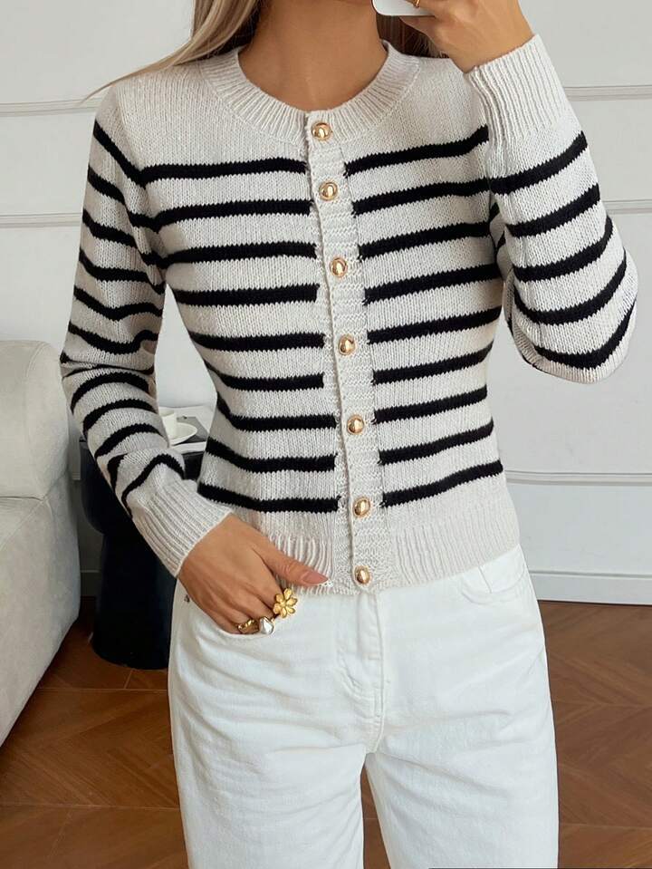 Striped Crew-Neck Cardigan with Gold Buttons in Cream & Black — front view on model