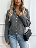 Studded Zip-Up Knit Cardigan in Charcoal — front view on model