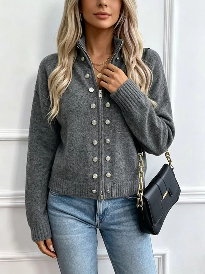 Studded Zip-Up Knit Cardigan in Charcoal — front view on model