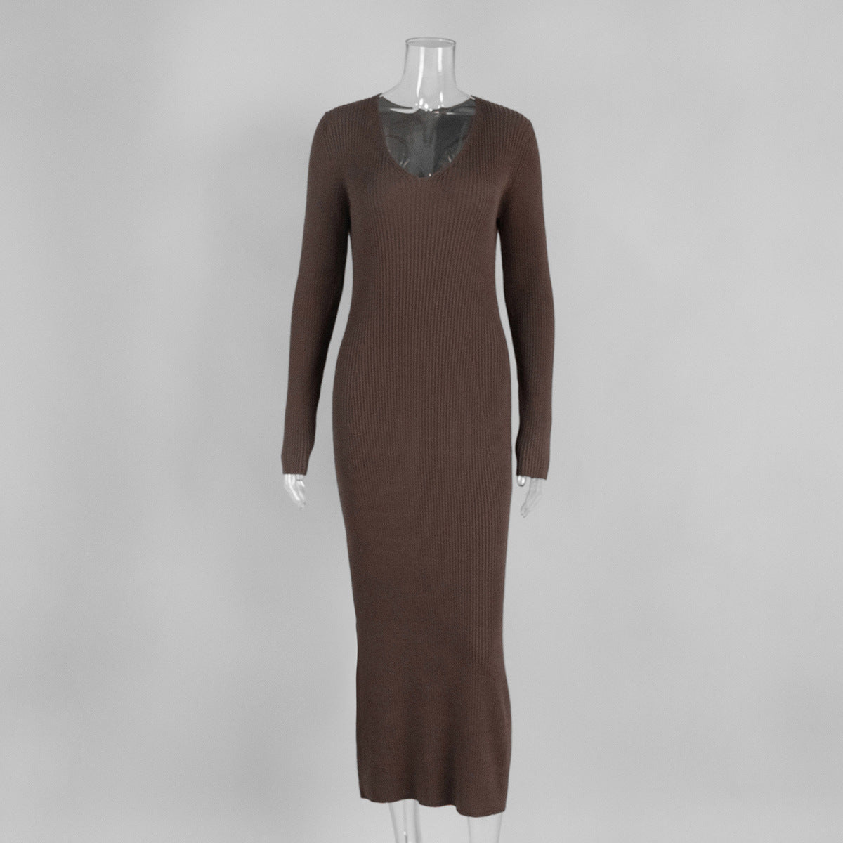 Ribbed Knit V-Neck Long Sleeve Maxi Dress in Chocolate — front view