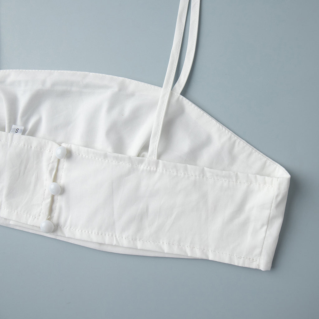 Cotton Crop Camisole & Gathered Maxi Skirt Set in White — close-up of the top side buttons