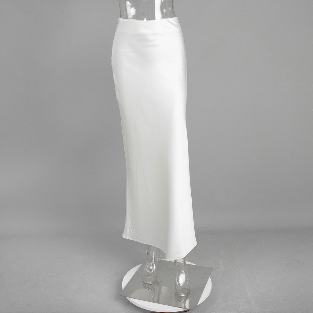 Satin Fishtail Maxi Skirt in White — front view on mannequin