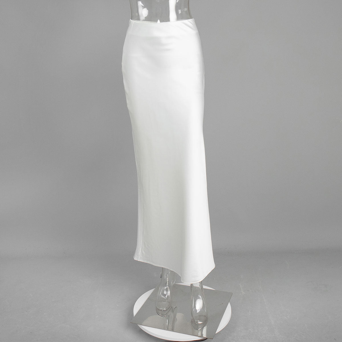Satin Fishtail Maxi Skirt in White — front view on mannequin