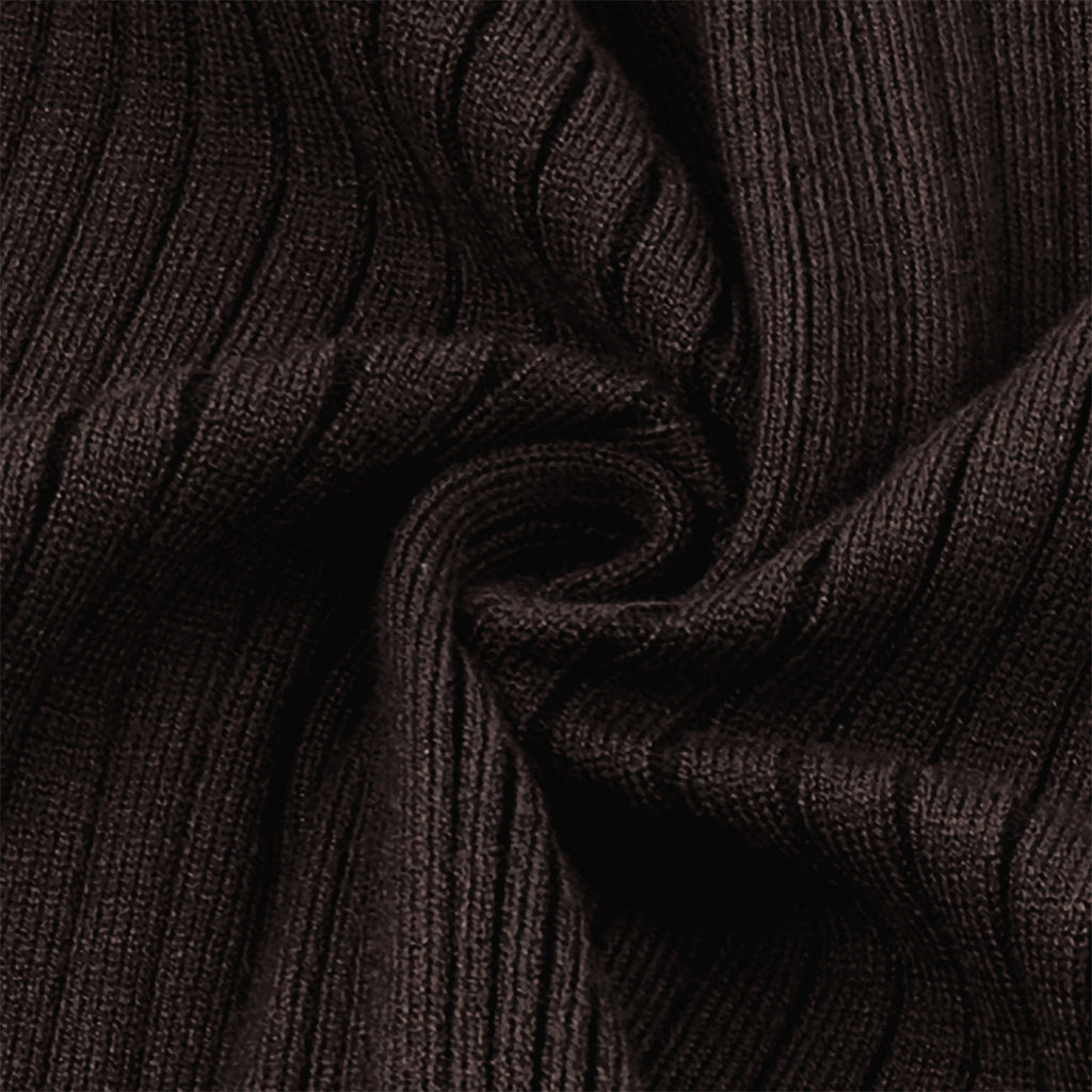 Ribbed V-Neck Knit Mini Dress with Skinny Scarf Tie in Chocolate — rib knit close-up