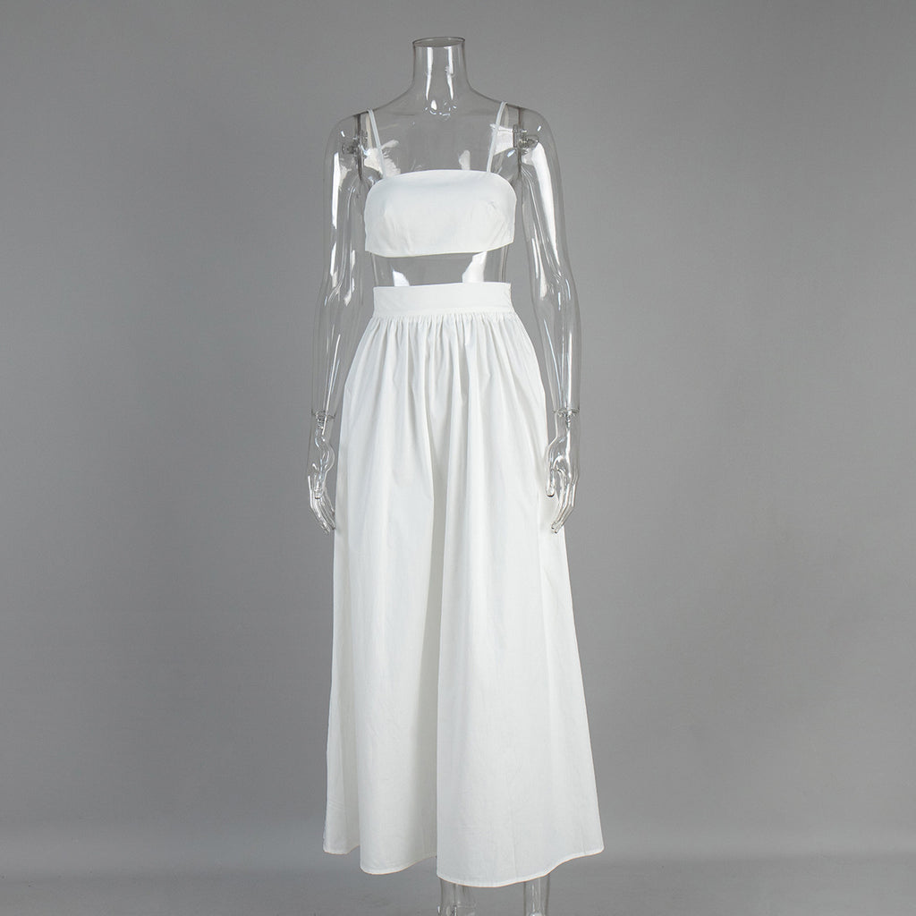 Cotton Crop Camisole & Gathered Maxi Skirt Set in White — front view on mannequin
