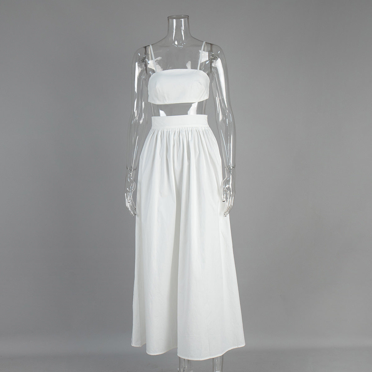 Cotton Crop Camisole & Gathered Maxi Skirt Set in White — front view on mannequin