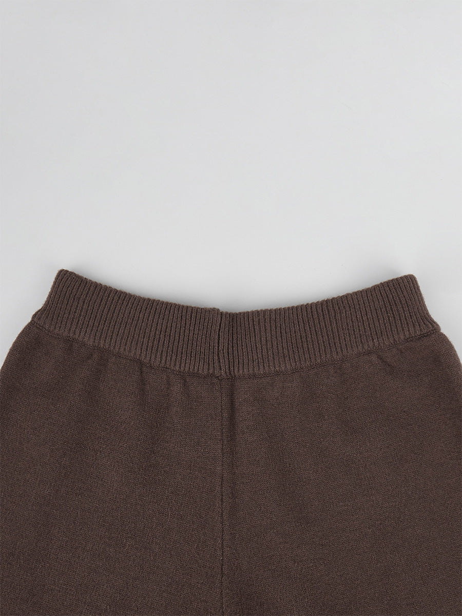 Cable Knit Zip-Up Sweater & Straight-Leg Knit Pants Set in Chocolate — close-up of the pants waistband