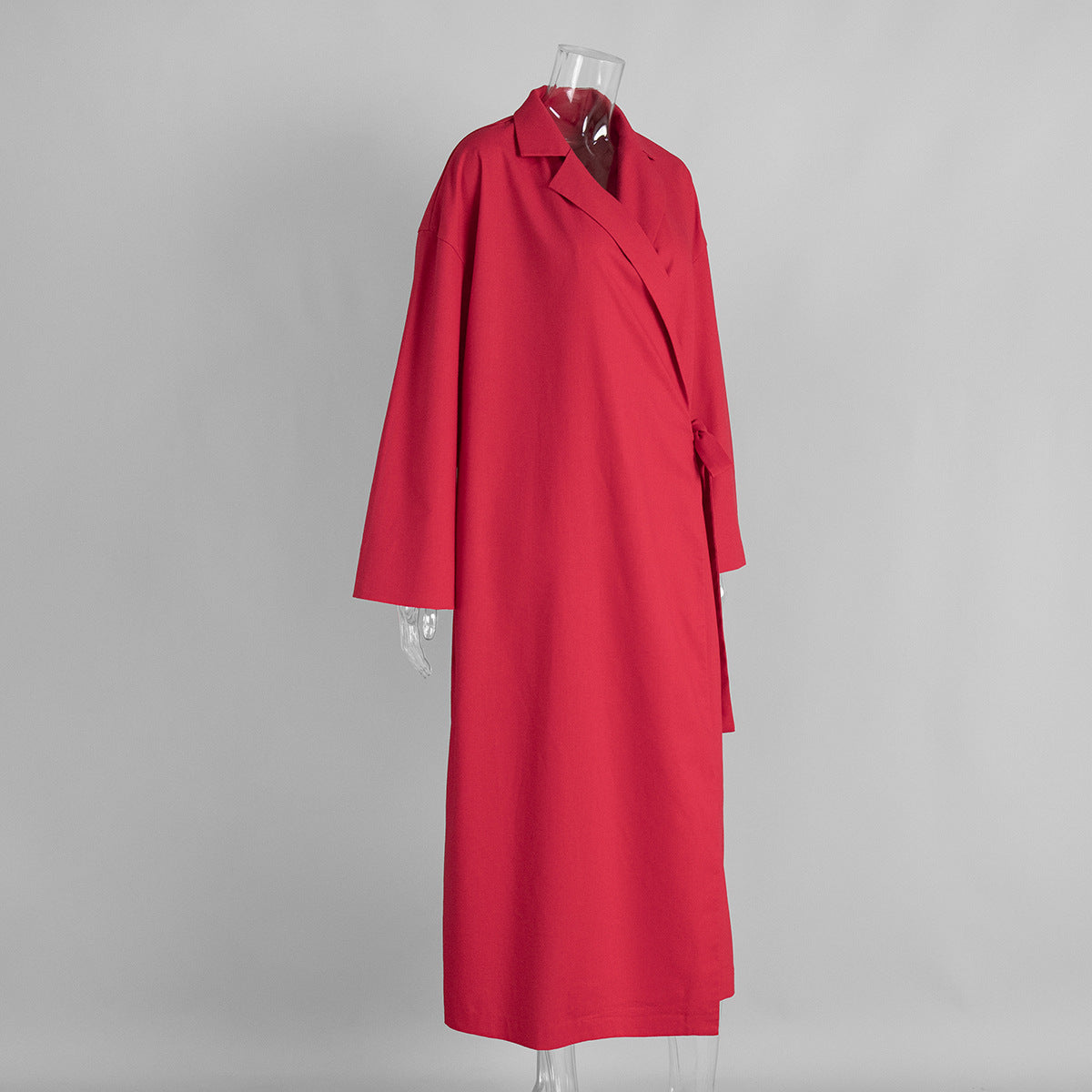 Linen-Blend Long Wrap Duster Dress in Cherry Red — side view on mannequin