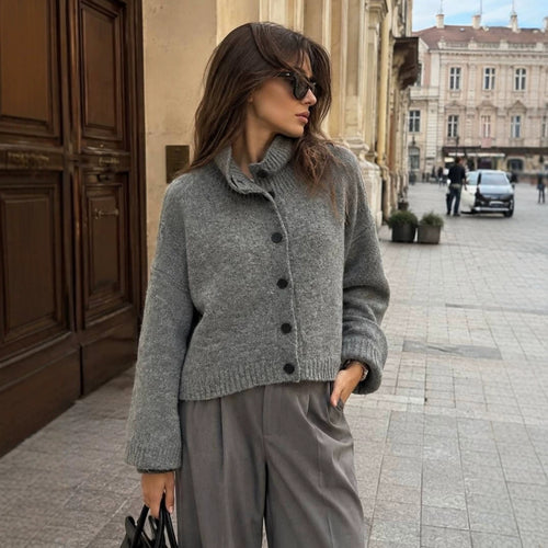 Stand-Collar Button-Front Knit Cardigan in Charcoal — front view on model