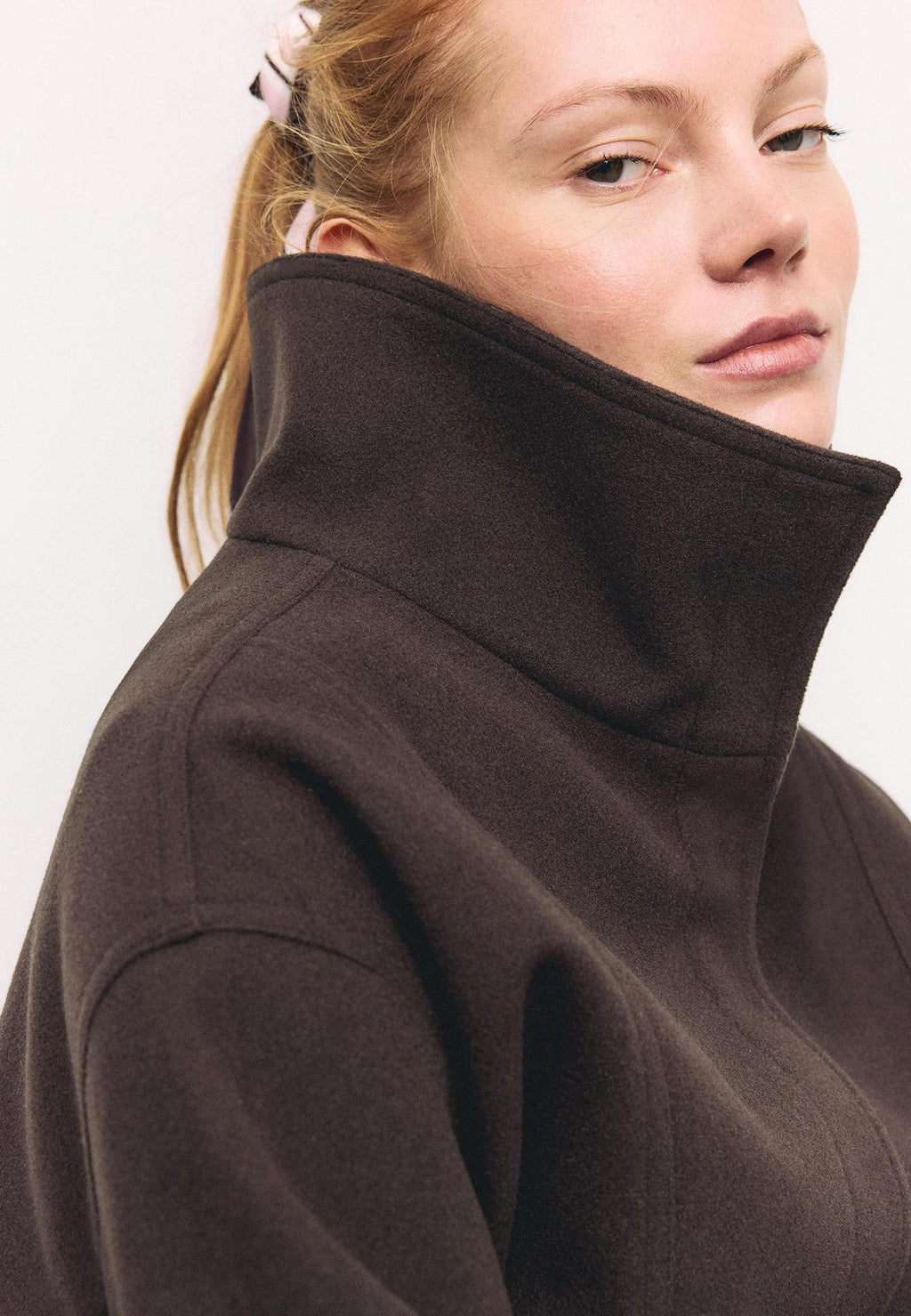 Funnel Neck Wool-Look Jacket with Buckle Hem Strap in Dark Brown — close-up of the collar and fabric