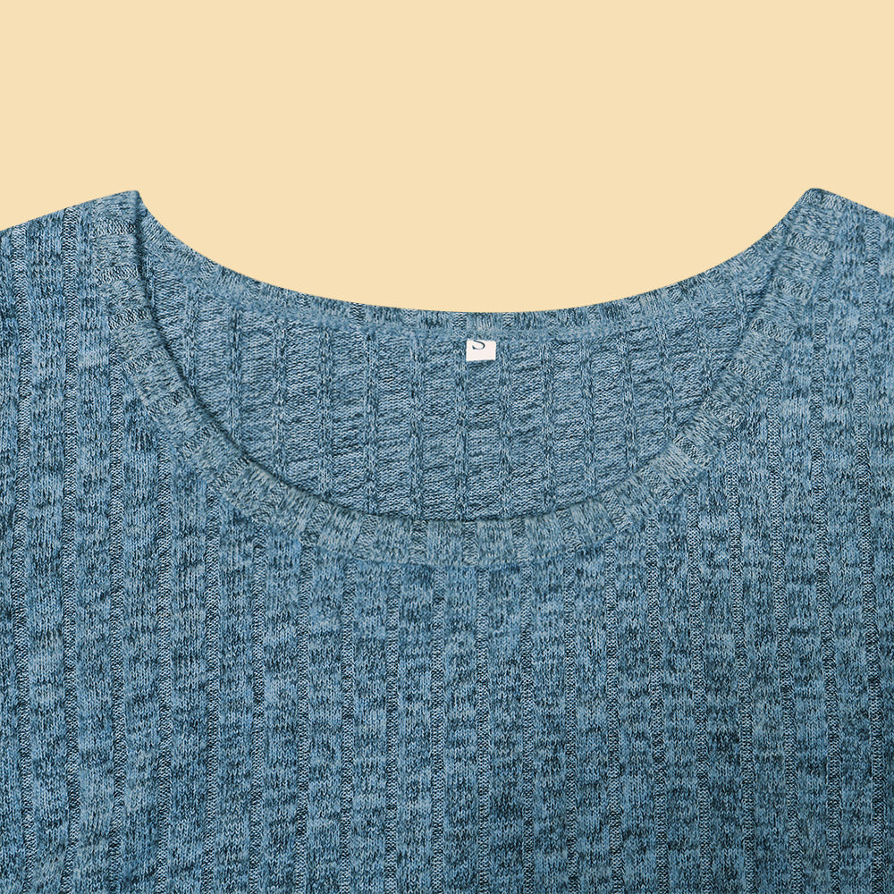 Ribbed Scoop-Neck Balloon-Sleeve Knit Top in Dusty Blue — close-up of the scoop neck