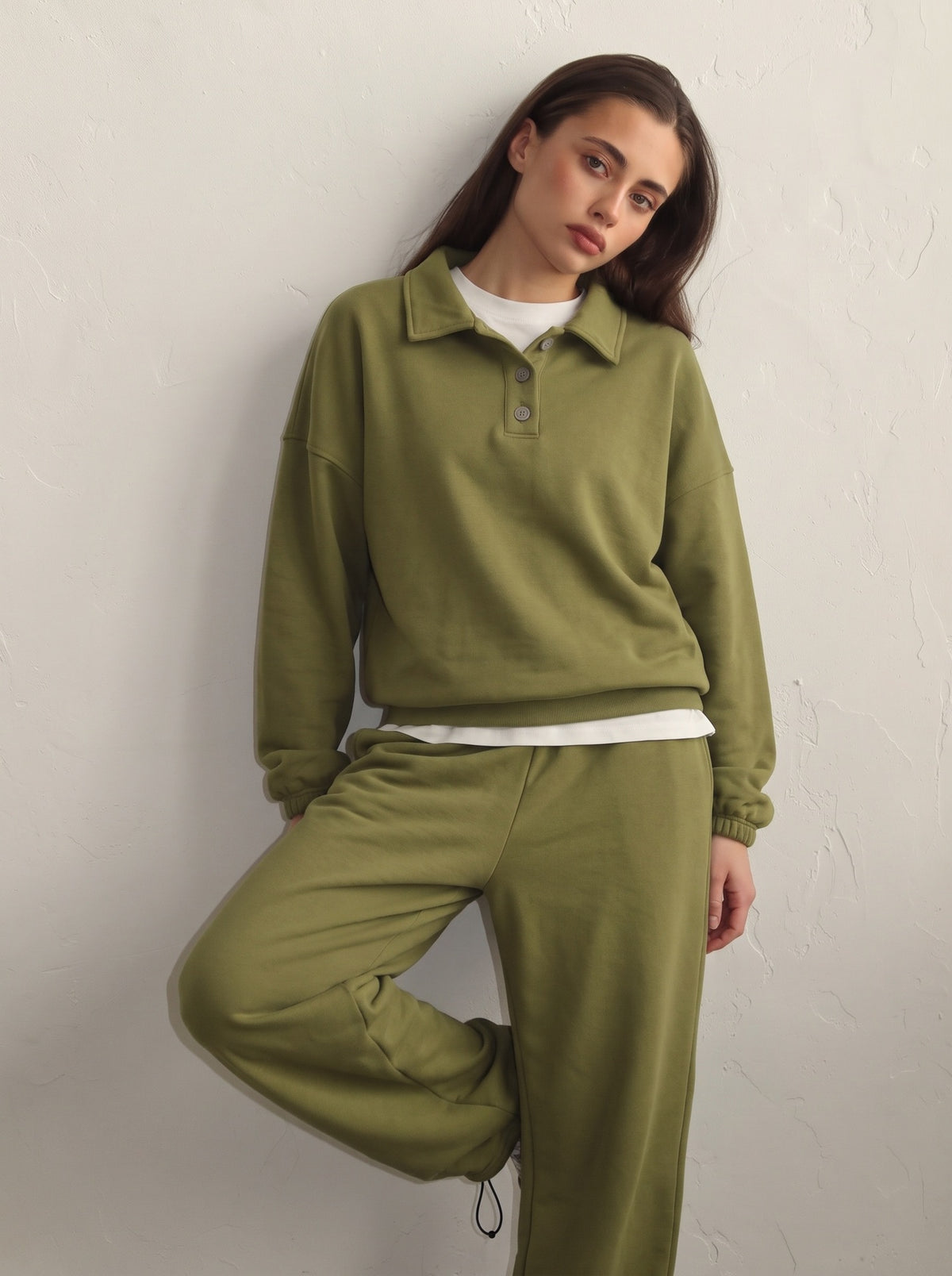 Polo Collar Sweatshirt & Drawstring Wide-Leg Pants Set in Olive — full-length view on model