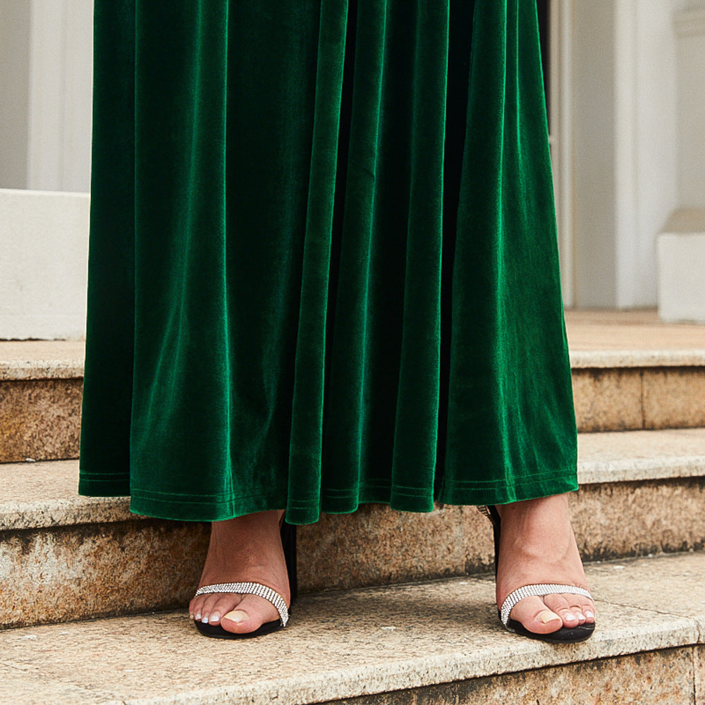 Long-Sleeve Velvet Maxi Dress with Tie Waist in Emerald — close-up of the hem
