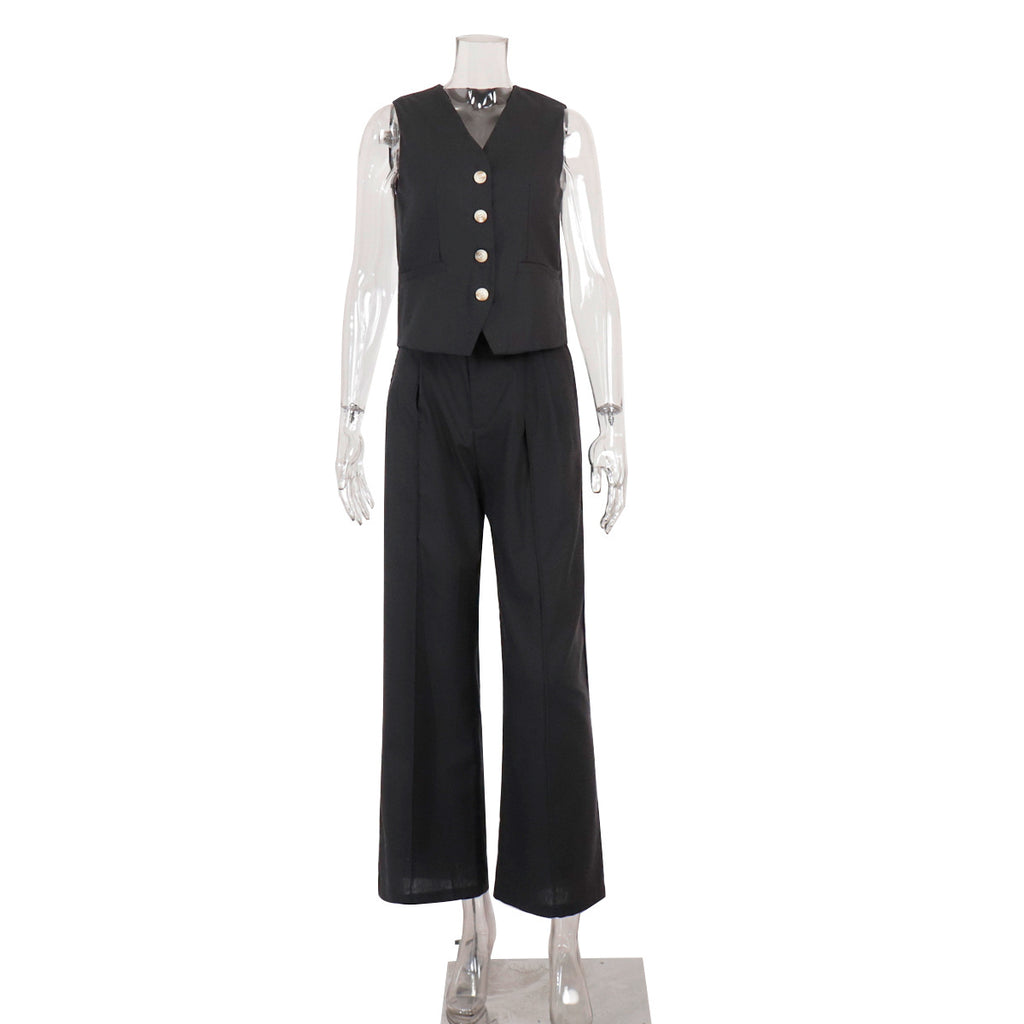 Linen-Blend Vest & Wide-Leg Pants Set in Black — front view on mannequin