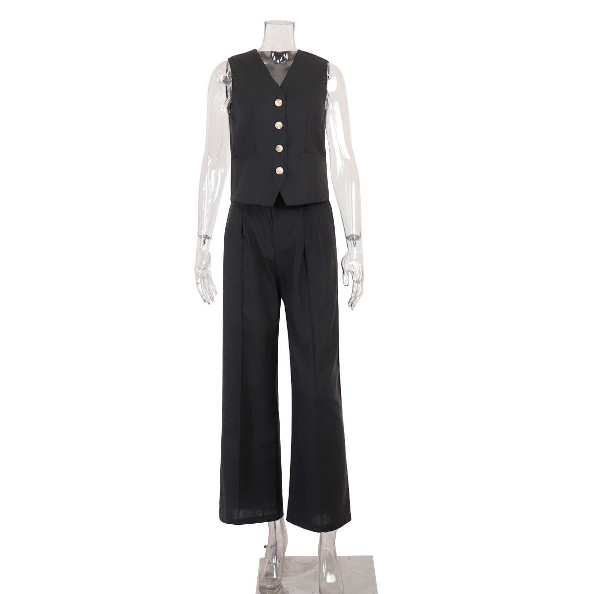 Linen-Blend Vest & Wide-Leg Pants Set in Black — front view on mannequin