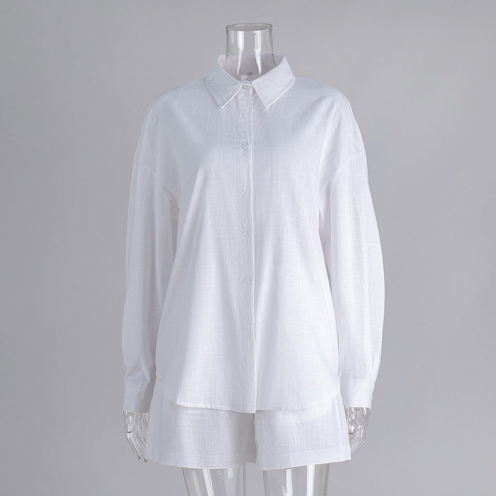 Oversized Cotton Shirt & Elastic-Waist Shorts Set in White — set on mannequin