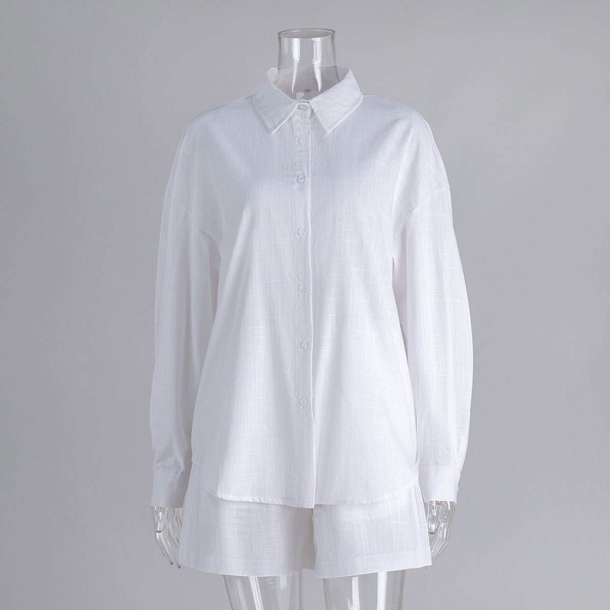 Oversized Cotton Shirt & Elastic-Waist Shorts Set in White — set on mannequin
