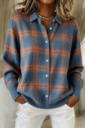 Plaid Knit Button-Front Shirt Cardigan in Blue Plaid — front view on model