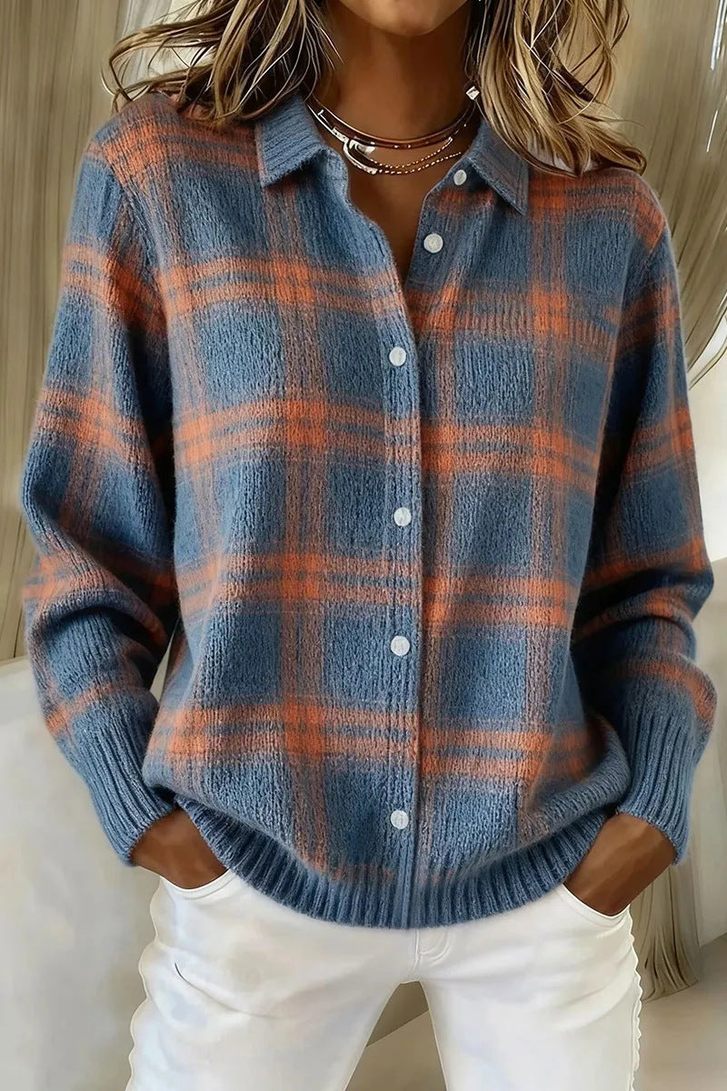 Plaid Knit Button-Front Shirt Cardigan in Blue Plaid — front view on model